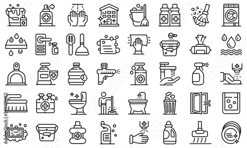 Disinfection icons set. Outline set of disinfection vector icons for web design isolated on white background