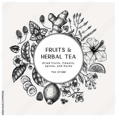Hand sketched herbal tea ingredients vector wreath.  Summer drinks vintage design. Perfect for recipe, menu, label, icon, packaging, Vintage herbs and fruits outlines. Botanical background