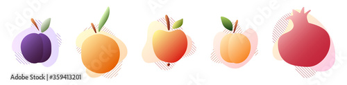 hand drawn in colorful gradient colors fruit with abstract fluid liquid bubble and lines, stock vector illustration clip art set isolated on white background, template for label, logo, icon, banner