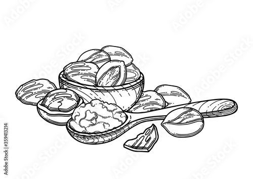 Graphic composition of shea plants and butter inside the wooden bowl and spoon