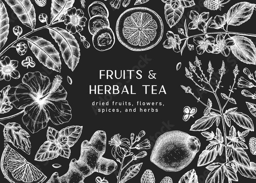 Hand sketched herbal tea ingredients background on chalkboard.  Perfect for recipe, menu, label, icon, packaging, Vintage herbs and fruits outlines. Botanical design