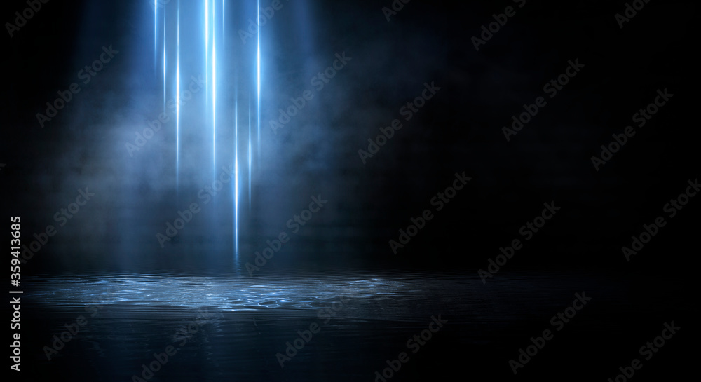 Dark street, room, wet asphalt, puddles, neon light. Reflection of neon light in the water. Night view of the dramatic city, smoke, smog, fog, shadow. Neon lights of the night city. Dark street, room, wet asphalt, puddles, neon light. Reflection of neon light in the water. Night view of the dramatic city, smoke, smog, fog, shadow. Neon lights of the night city.