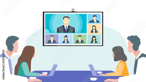 Online Virtual Remote Meetings in Office, TV Video Web Conference Teleconference. Company CEO President Executive Manager Boss Employee Team Work Learn From Home WFH Live Stream Webinars