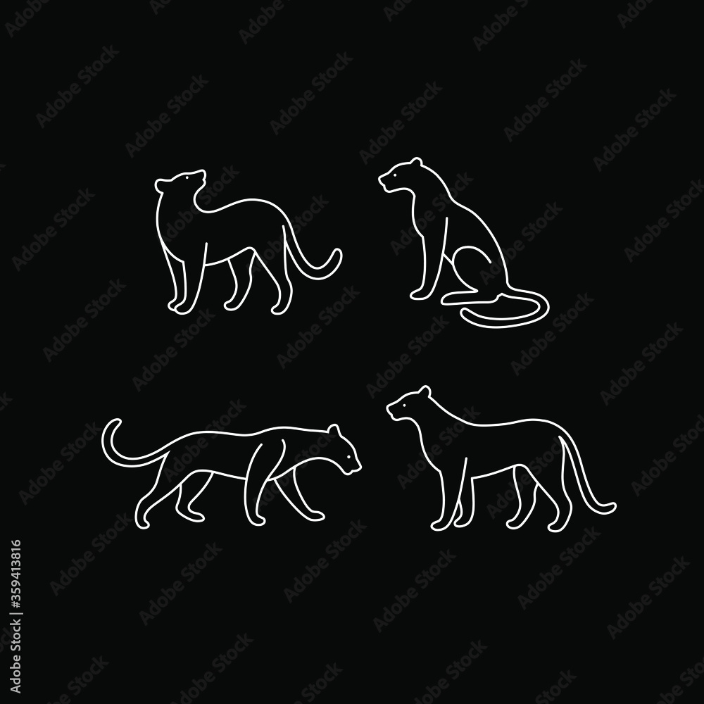 Cartoon panther contour icon set. Cute animal character in different poses. Vector illustration for prints, clothing, packaging, stickers.