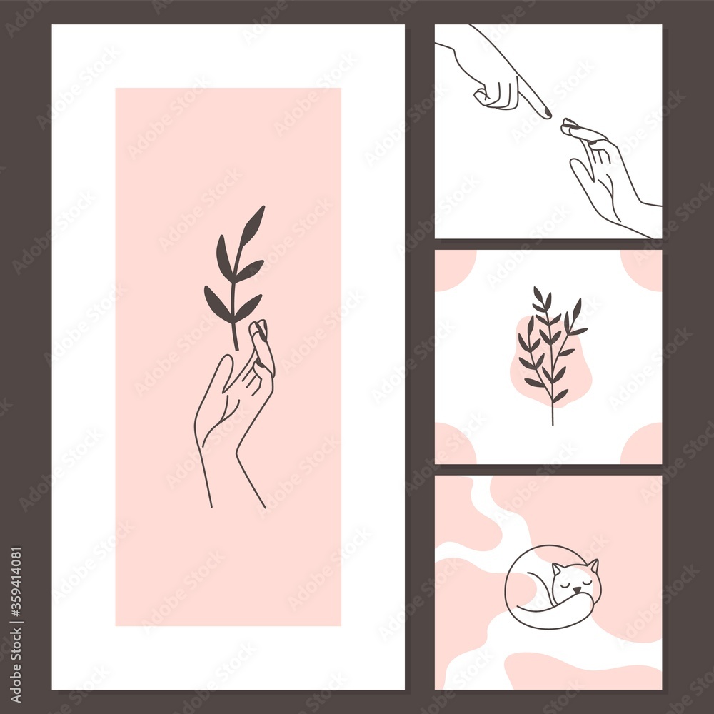Fototapeta Contemporary style cards. Cute sleepy cat, female hands with branches. Abstract banners template vector set