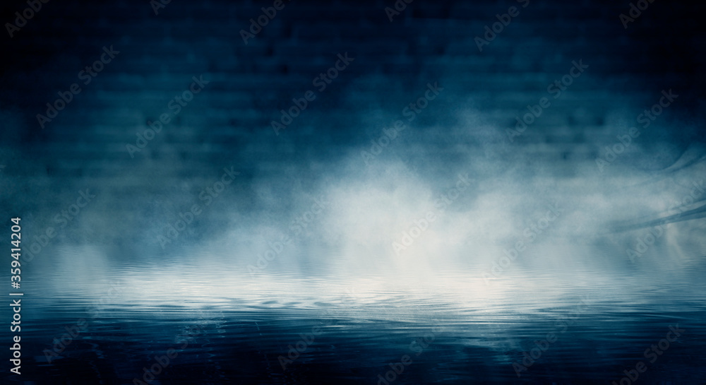 Dark street, room, wet asphalt, puddles, neon light. Reflection of neon light in the water. Night view of the dramatic city, smoke, smog, fog, shadow. Neon lights of the night city. Dark street, room, wet asphalt, puddles, neon light. Reflection of neon light in the water. Night view of the dramatic city, smoke, smog, fog, shadow. Neon lights of the night city.