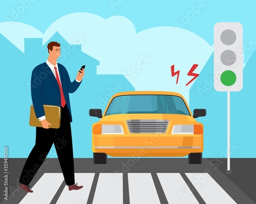 Pedestrian road accident. Man on crossroad look at phone. Green traffic light for cars. Violation vector illustration