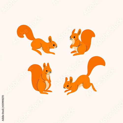 Cartoon squirrel icon set. Cute animal character in different poses. Vector illustration for prints, clothing, packaging, stickers.