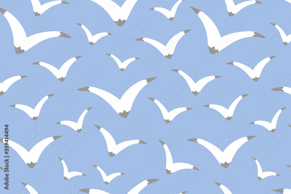 Light blue vector seamless pattern with seagulls. Flying birds illustration for fabric, textile, banner, calendar, wallpaper, background, cover, wrapping paper Light blue vector seamless pattern with seagulls. Flying birds illustration for fabric, textile, banner, calendar, wallpaper, background, cover, wrapping paper