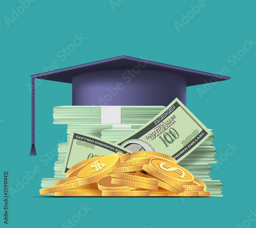 Stack of paper dollar and student cap at the top