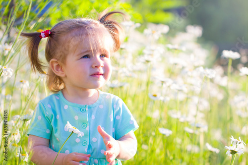 little beautiful child girl in daisies flowers field summer bright  mood  positive