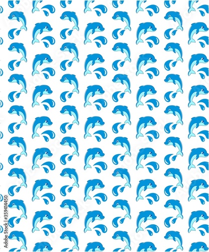 Seamless pattern with Dolphins that swim, jump on the waves, splashing water. Cute Marine pattern for fabric, baby clothes, background, textile, wrapping paper and other decoration.Vector illustration