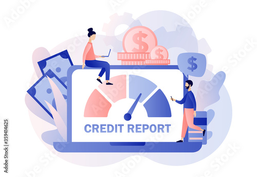 Credit report online. Credit rating. Personal credit score information and financial rating. Tiny people analysts credit risk control.Modern flat cartoon style. Vector illustration on white background