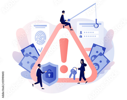 Big Attention sign. Tiny anonymous hackers people attacking. Internet hacker attack and personal data security concept. Computer security technology. Modern flat cartoon style. Vector illustration