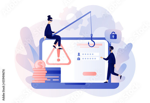 Internet hacker attack and personal data security concept. Tiny anonymous hacker people attacking laptop. Data protection. Computer security technology. Modern flat cartoon style. Vector illustration 