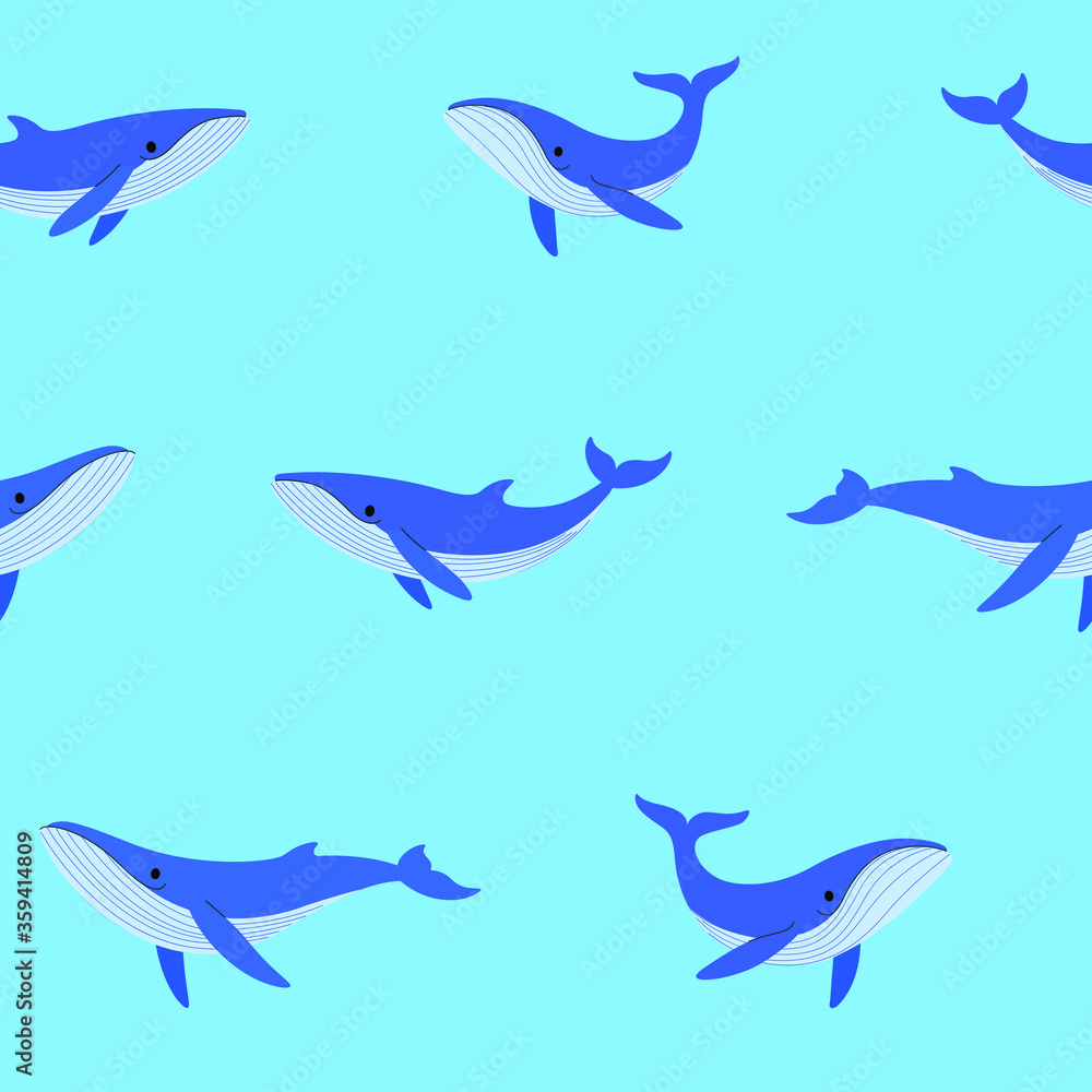 Obraz premium Simple seamless trendy animal pattern with whale. Cartoon vector illustration.