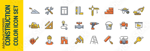 Building construction vector line color icon set. Tools and building materials