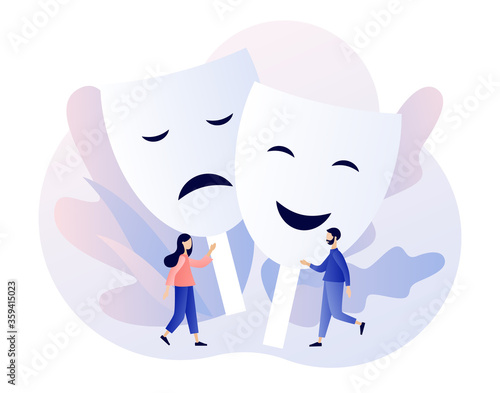 Psychology. Masking true feelings. Human masquerade. Tiny people with big carnival masks with happy or sad expressions. Hypocrisy. Modern flat cartoon style. Vector illustration on white background