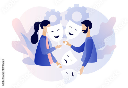 Masking true feelings. Psychology. Human masquerade. Tiny people trying on carnival masks with happy or sad expressions. Modern flat cartoon style. Vector illustration on white background