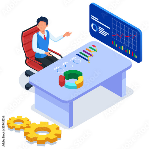 Business people with workspace. Business worker appoint at data analysis. Isometric business character, Chart, technology.