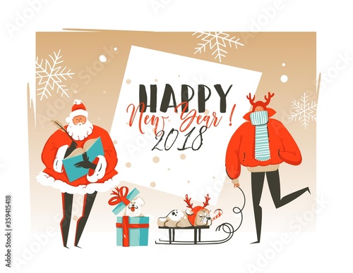 Hand drawn vector abstract Merry Christmas and Happy New Year time cartoon illustrations greeting card template with Santa Claus,deer and dogs on sleigh and in gift box isolated on white background