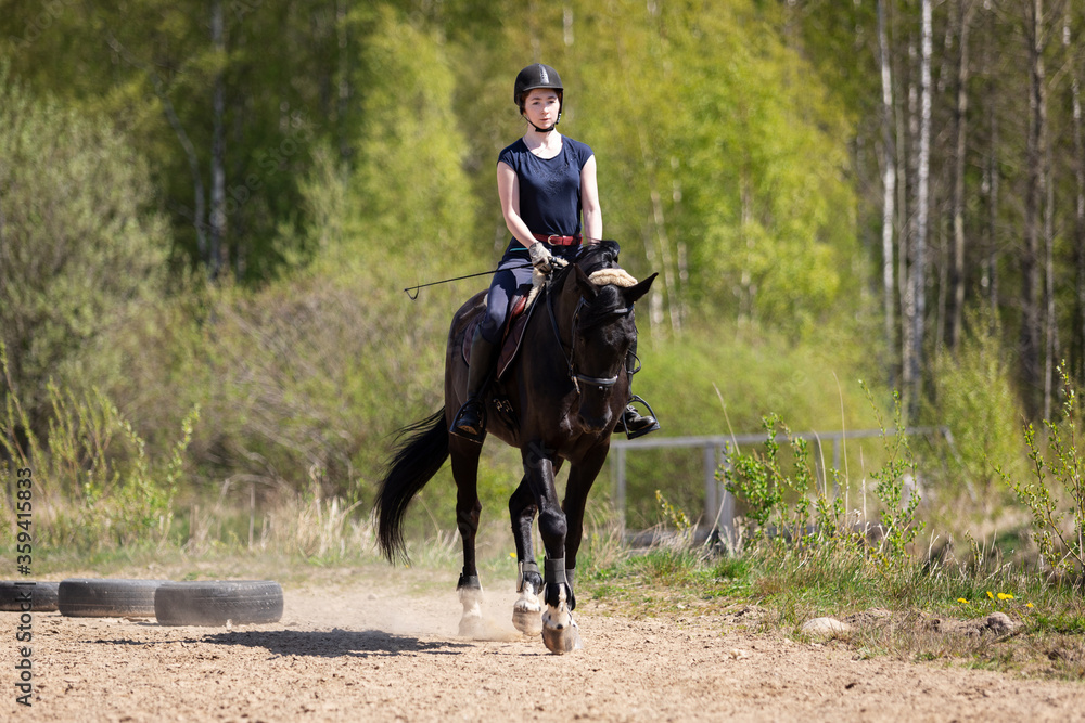 Beautiful girl riding a horse on manege Beautiful girl riding a horse on manege