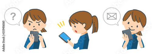 スマートフォンを操作する女性のベクターイラスト