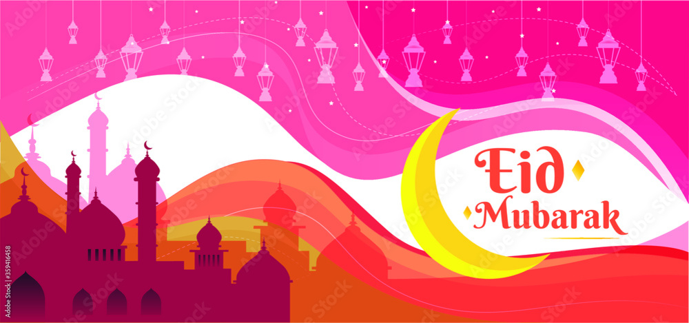Eid Mubarak colorful abstract greeting card, poster, vector illustration