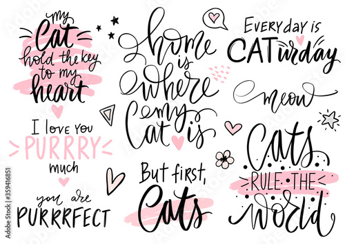 Cats quotes set, meow lettering, fashion kitty phrases. Cute vector set with funny sayings.