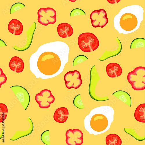 Fototapeta Naklejka Na Ścianę i Meble -  Seamless vector pattern with food. Orange background. Multicolored icons.
