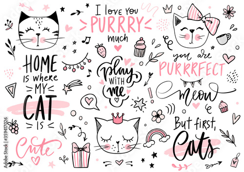 Doodle Cats illustration and kitten quotes, meow lettering. Cute vector set with funny hipster pets, fashion kitty phrases