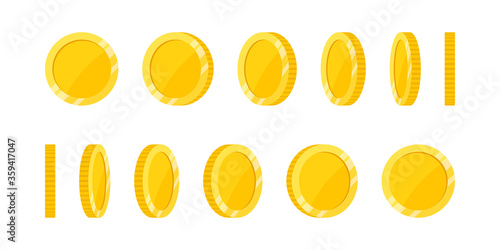Spin golden coin isolated on white background. Set of rotation flat icon design at different angles for animation.