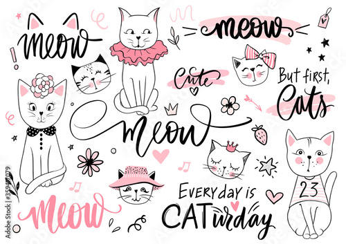 Doodle Cats illustration and kitten quotes, meow lettering. Cute vector set with funny hipster pets, fashion kitty phrases