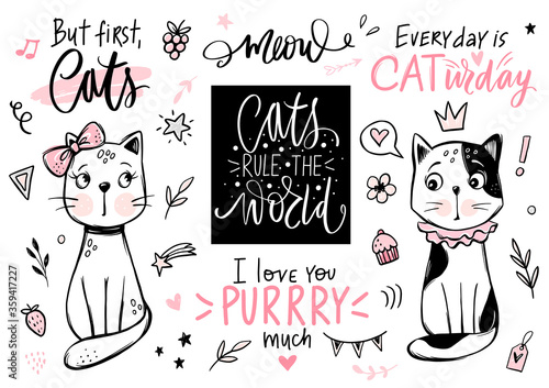 Doodle Cats illustration and kitten quotes, meow lettering. Cute vector set with funny hipster pets, fashion kitty phrases