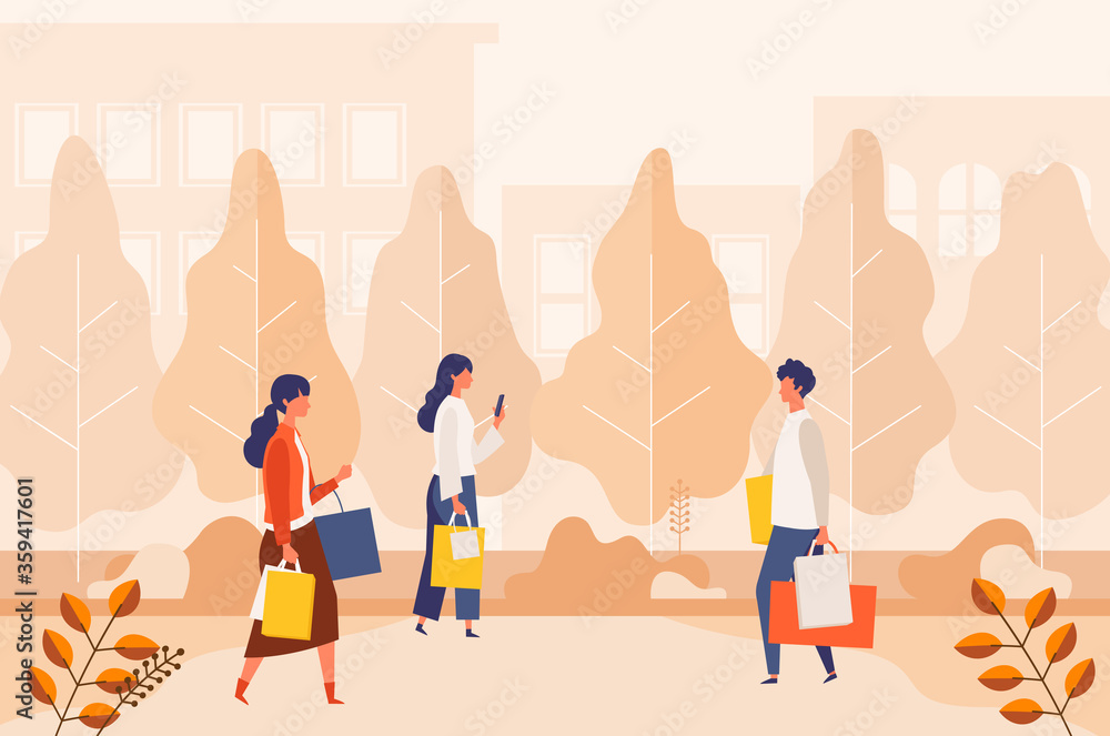 Landscape with people carrying shopping bags at autumn city street. Man and woman taking part in seasonal sale at store, shop, mall.
