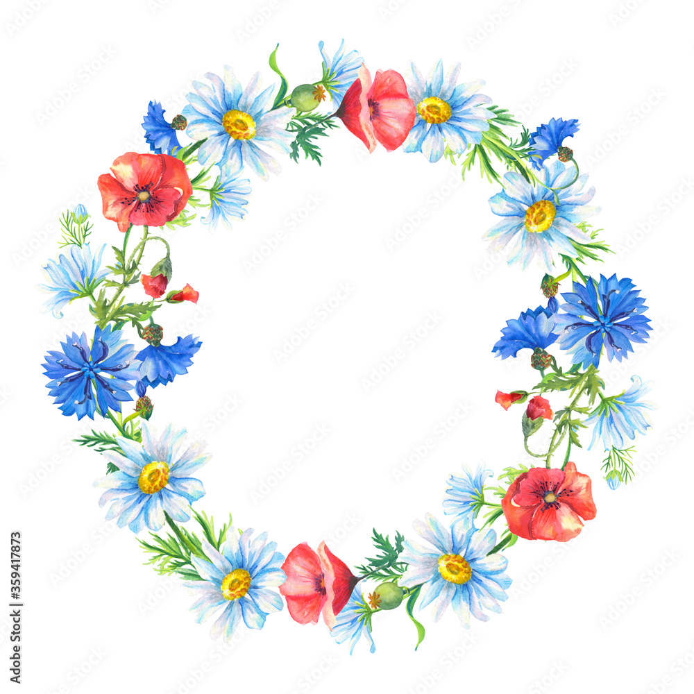 Frame.Bouquet of white Chamomile,red poppy,cornflower.Wreath.Abstract flower for decoration design. Watercolor floral illustration. Frame.Bouquet of white Chamomile,red poppy,cornflower.Wreath.Abstract flower for decoration design. Watercolor floral illustration.