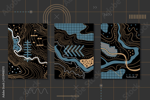 A set of abstract posters made in the style of topographic maps. Patterns with geometric shapes, line art