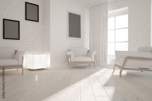 modern room with armchairs lamp and frames interior design. 3D illustration
