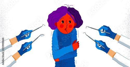 Dentophobia fear of dentist doctor and painful teeth fixing vector illustration, girl surrounded with dentist hands in gloves with dental tools scared in panic attack.