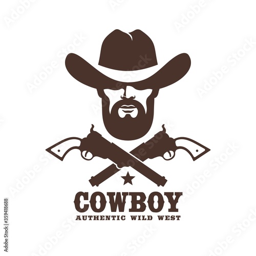 Wild west cowboy stencil retro emblem. Western ranger and pistols vintage logo. Vector stamp illustration.