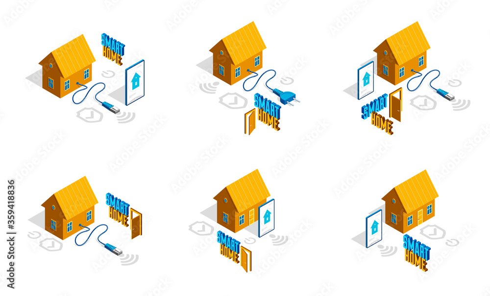 Smart home IOT concept electronics modern house vector isometric illustrations set, smart security, app distant automated future technology.