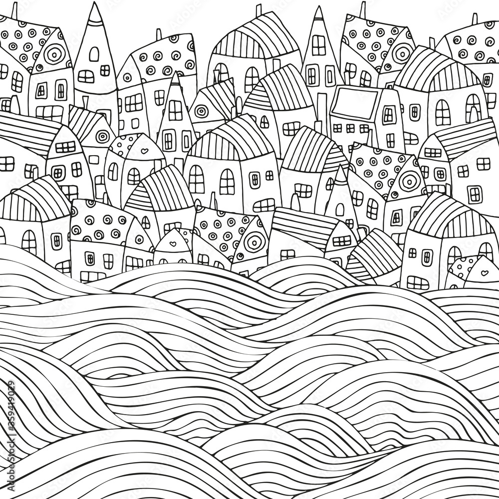Sea Waves and houses. Seaside, homes, boat, sea, art background. Hand-drawn doodle vector. Zen tangle style. Black and white pattern for adult coloring book.