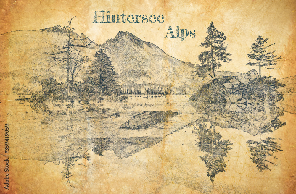 Obraz premium Sketch of Hintersee lake in Germany Alps on old paper