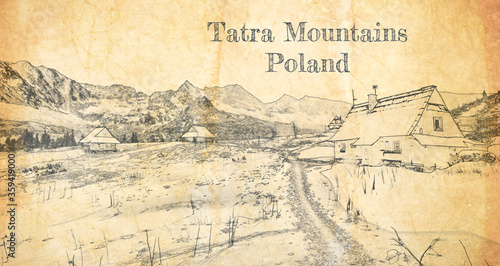 Sketch of Tatras Mountains in winter, Poland