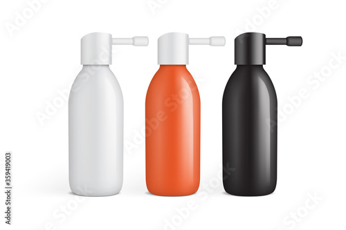 white, orange and black plastic bottle for ear spray isolated on white background mock up template