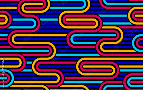 Stripy vector seamless pattern with woven lines, geometric abstract background, stripy net, optical maze, web network. Colorful design.
