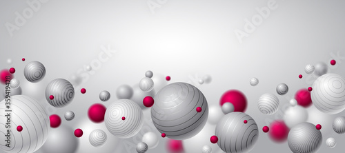 Abstract spheres vector background with blank copy space, composition of flying balls decorated with lines, 3D mixed realistic globes, realistic depth of field effect.