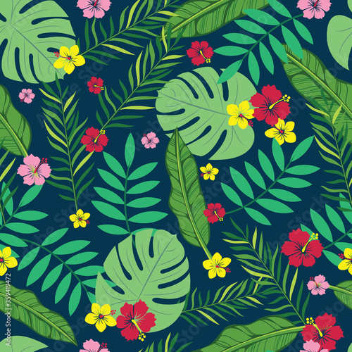 Beautiful vector hibiscus, plumeria flower with tropical leaves in a trendy color style seamless pattern background