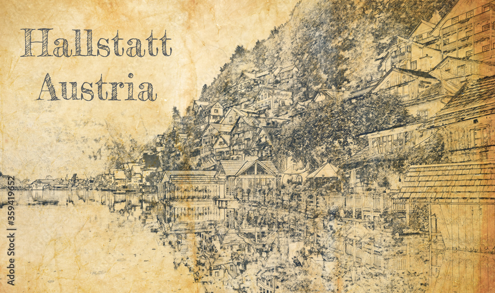 Obraz premium Hallstatt on the lake in Alps, sketch on old paper