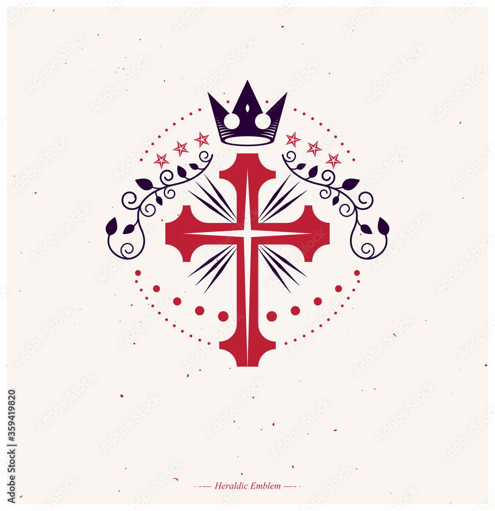 Cross of Christianity Religion emblem. Heraldic Coat of Arms decorative logo isolated vector illustration composed with floral ornament and luxury royal crown.